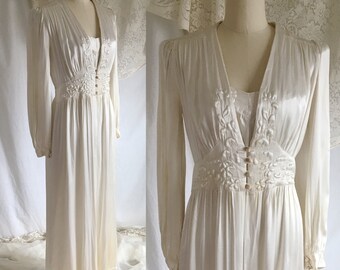 Vintage 1940's Peignoir Set | White Charmeuse with Embroidery | Art Deco Negligee & Robe | Bridal Trousseau | Maxan | Size M
