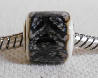 Handmade Lampwork Large Hole Bead Silver Cored Cylinder Ivory with Black Lace Design