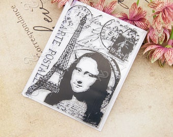Tower Portrait Clear Rubber Stamp w/ Mona Lisa, Eiffel Tower, cancellation, Paris, France, stamp, collage, transparent silicone stamp
