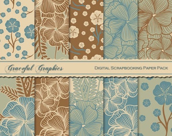 Scrapbook Paper Pack Digital Scrapbooking Background PapersFLOWERS Floral Teal Moss Green Beige Brown 10 8.5 x 11 1256gg