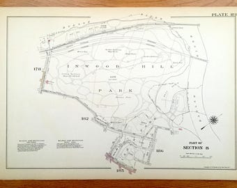 Antique Manhattan, New York Map from Bromley's 1955 Manhattan Land Book – Inwood Hill Park, Isham Park, Hudson River Parkway, Harlem River