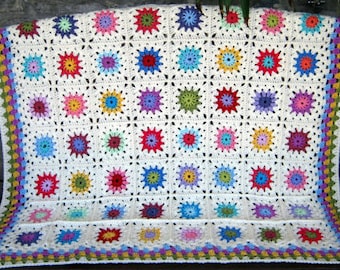 GRANNY SQUARES Blanket Petite Peonies Ivory Crochet Afghan