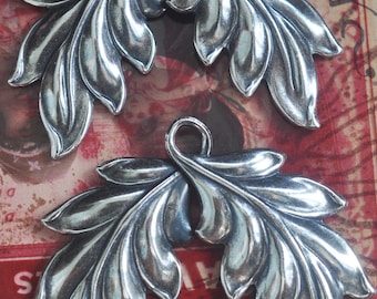 TWO Looped leaves, Brass Stampings, Charms, Metal Leaves, Metal Flowers, Sterling Silver Finish