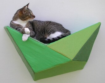 Wall bed geometric modern cat shelf in lime, spring, avocado, and olive greens