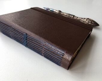 Handmade notebook, faux leather book, long stitch binding, brown leather journal, pocket notebook, vegan leather notebook, brown journal