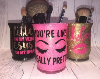 Personalized Makeup Brush holders/ Custom Makeup Brush holder/Glittered Makeup jars