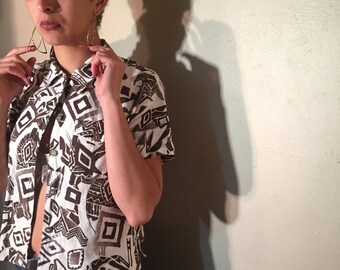 100% Linen Easy Vintage Cropped Blouse with Aztec Design