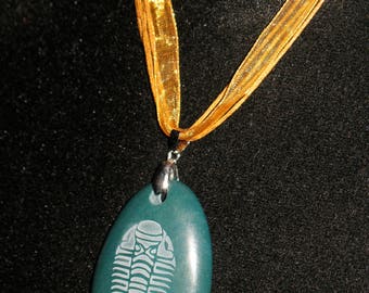 Etched Cheirurus Trilobite Green Jasper Cabochon Teardrop Pendant Necklace 24 inch Fossil