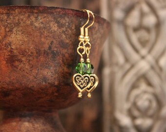 Gold Celtic Heart Bead and Swarovski Crystal Earrings