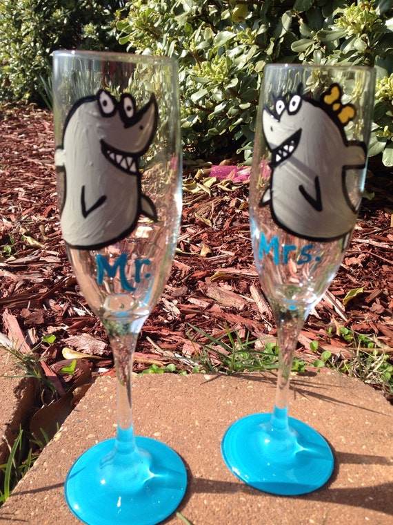 Mr. And Mrs. Shark wedding flutes bridal shower flutes toasting flutes