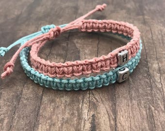 Matching Couples Bracelets, Pink and Blue Adjustable Hemp Macrame Bracelets with single initial, matching gift idea