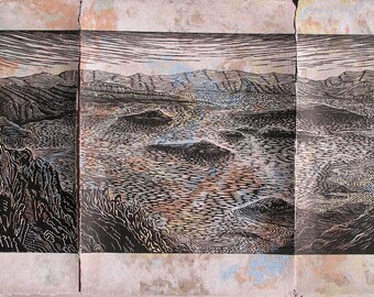 Woodcut Print Southwest Mojave Desert Landscape Classic WoodblockLake Mead View on Handmade Paper