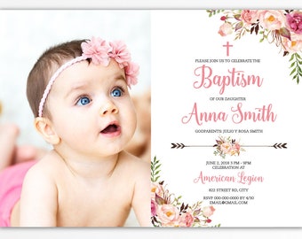 Boho baptism invitation girl photo, baptism invitation girl printable, christening invitation printable, floral baptism download BFC04