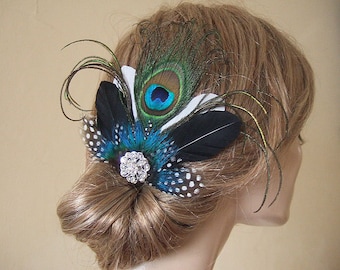Elegant Peacock Fascinator with Guinea Fowl Feathers and Crystal Brooch Blue Green on Clip - Bridal Bridesmaids MNB106 Wedding 1920's Bride