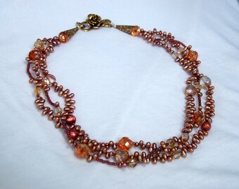 SALE Triple Strand Peach/Copper Pearl & Crystal Necklace