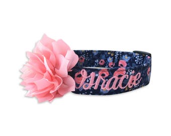 Blue Floral Dog Collar, Embroidered Dog Collar, Personalized Dog Collar, Dog Collar, Dog Collar, Girl Dog Collar, Blue & Pink Dog Collar