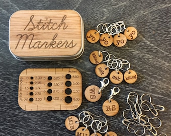 Knitter's notion bundle: Stitch markers, box, needle gauge