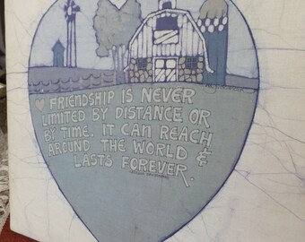 Vintage Blue Batik Folk Art Friendship Heart Wall Hanging Hippie Cottage Chic Textile Art Quote Wall Hanging Friendship is never Limited