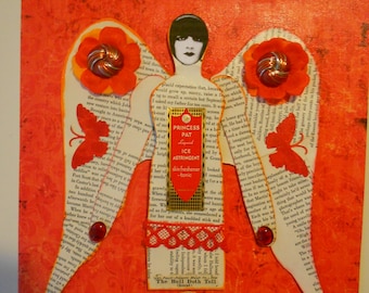 Mixed media collage art winged woman paper recycled upcycled red vintage found objects