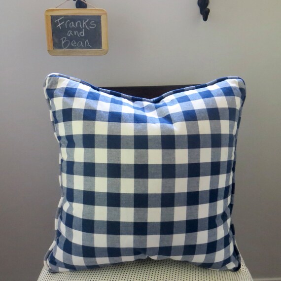 Navy Blue Gingham Custom Pillow Cover w/Piping and Invisible