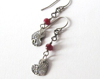 Hearts Fine Silver Ruby Gemstone Earrings, Romantic Gift, Ear Wire Options