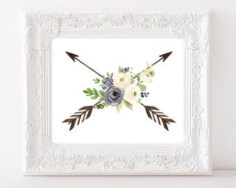 Arrow Print, Flower Print, Floral Printable, Boho Nursery Print, Boho Decor, Blue Floral Print, Arrow Printable, Tribal Nursery Print