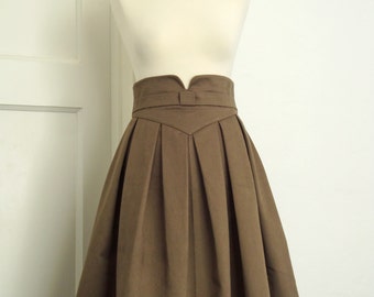 Box pleat skirt, tea length skirt, retro chic, pleated skirt, full skirt, taupe skirt, V shaped waistband made to measure//sizes XS-XL