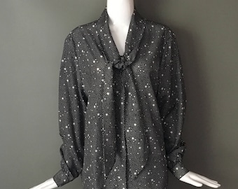 Darling Vtg 70s Leslie Fay Haberdashery Op Art Polka Dot Print Ascot Tie Top Blouse Secretary 14 L