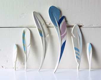 Feathers. Six Ceramic Feathers. Hand-Built. With Color.