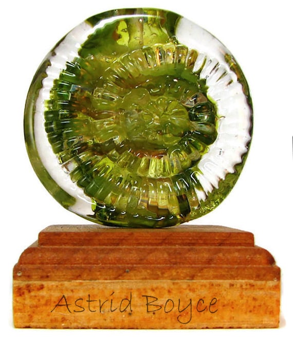 Olive Explosion Ammonite Artisan Lampwork Focal Bead -Blended green shades and Italian silver w/raised ammonite design for wonderful sparkle