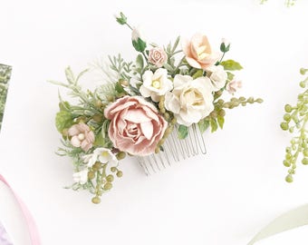 Bridal floral hair comb, Flower Hair comb, Beige Wedding hair comb, Bridal floral headpiece, Bridal flowers hairpiece, Peach floral comb