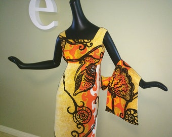 Gorgeous Hawaiian Maxi Dress Vintage 1960s 1970s Asymmetric Print Orange Seashells Trapeze Back Empire Waist Tiki Oasis Hukilau Beach Dress