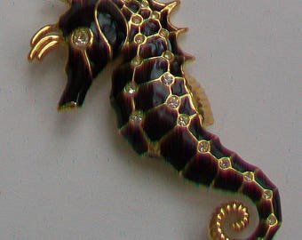Black, Gold Tone & Diamantes Seahorse Brooch