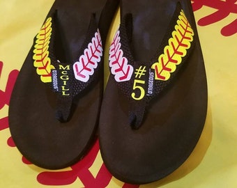 Baseball & Softball - Personalized flip flops - Black webbing - Players name/number "I love/heart number"