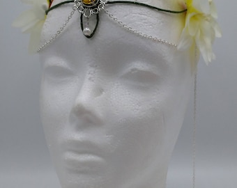 Elven Crown White and yellow fairy Headdress Fairy Crown Costume Headpiece Bridal Headdress Flower Crown Woodland diadem festival wedding