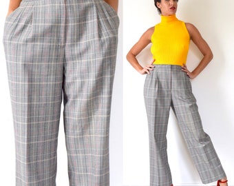 Vintage 80s 90s High Waisted Houndstooth Plaid Pleated Straight Legged Trousers (size 29, 30)