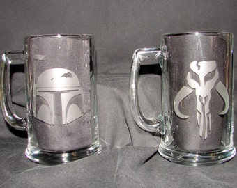 Star Wars Boba Fett Helmet & Skull set of 2 Hand Etched on your choice of Beer Mug or Pint Glass