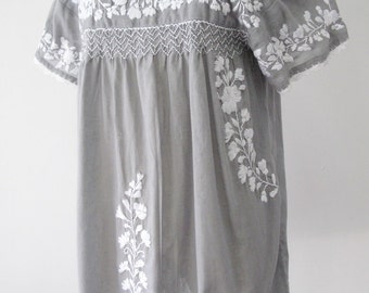 Mexican Embroidered Blouse Short Sleeve Cotton Top, Boho Blouse In Gray