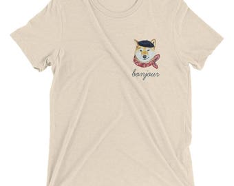 French Shiba Inu "Bonjour" Short Sleeve Graphic Tee - Oatmeal Triblend - Unisex / Bella + Canvas 3413 - Shiba Inu Dog Lover - Shiba Inu