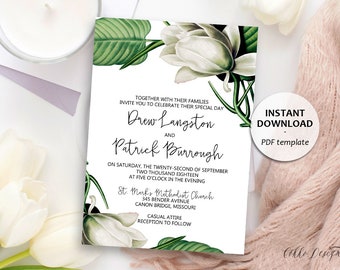 Magnolia Floral Wedding Invitation, Rustic Wedding Template, Outdoor, Garden Printable Wedding Invitation card (Drew), Editable Text