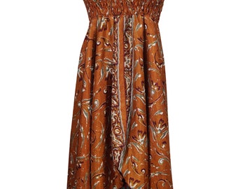 Printed Bohemian Summer Halter Dress Rust Gypsy Hippie Chic Recycled Silk Sari Vintage Two Layer Sundress