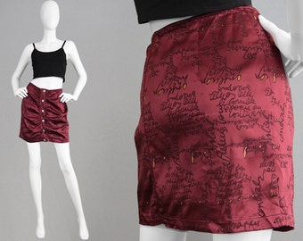 Vintage CHRISTIAN LACROIX 90s Mini Skirt Wine Satin Skirt Ruched Skirt Micro Skirt Designer Skirt Made in Italy Logo Print Hipster Medium M