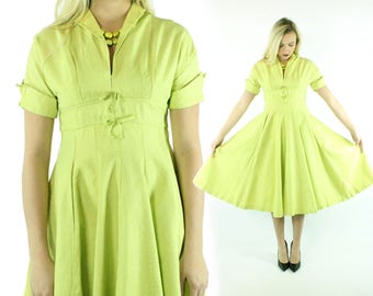 40s 50's Party Dress Chartreuse Green Brocade Short Sleeves Full Skirt Womens Vintage 1940s 1950s Medium M Pinup Rockabilly