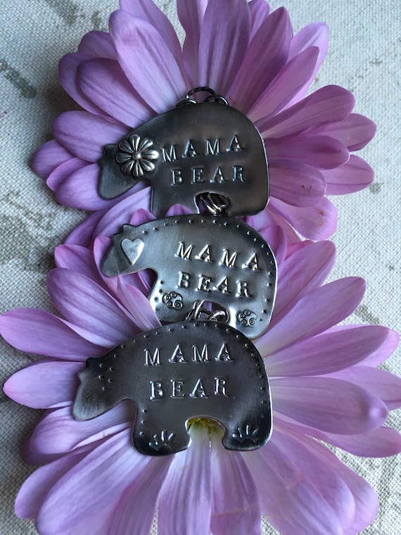 Hand-stamped Mama Bear, Mothers Day, Sterling Silver Handcrafted Zuni Bear Necklaces