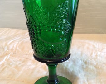 Vintage Emerald Green Goblet Wine Glass ~ Fruit And Leaf Pattern
