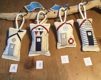 Beach Hut Keyring Key Fob Ring Fabric Padded Handmade Red Blue White Seaside Nautical Unique Gift