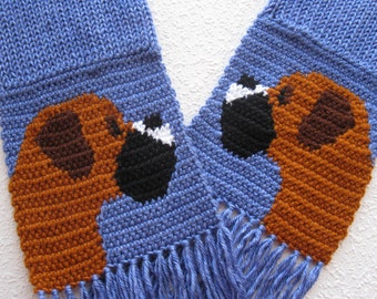 Knit Boxer dog scarf. Periwinkle crochet and knitted scarf with fancy boxer dogs. Boxer gift