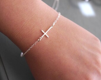 Dainty Cross Bracelet, Sideways Cross Bracelet, Minimalist Cross Bracelet, Sterling Silver Cross Bracelet, Delicate Cross Bracelet, Layering