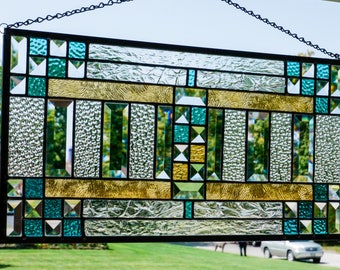 Stained Glass Panel Arts and Crafts Style blue and gold 10 1/2 x 20 3/4
