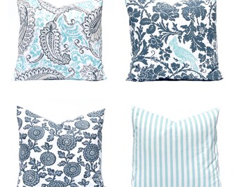 Throw Pillow Covers - Gray Aqua - Decorative Pillow Cover - Sofa Pillow - Aqua Pillow - Stripe Pillow - Charcoal Gray - Floral Pillow
